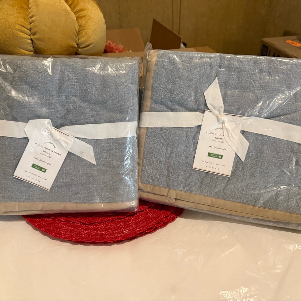 New Pottery Barn Organic Cotton Rustic Stonewashed Euro Shams, S/2, Blue/Tan 26”
